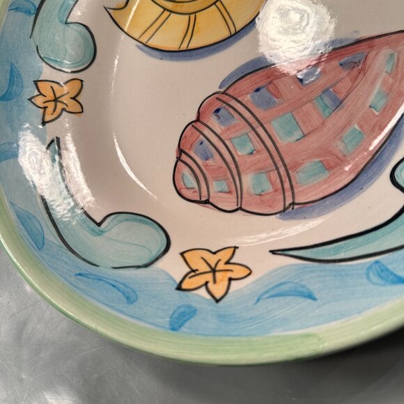 Bella Delray Nautical Seashell Salute Ceramic Platter Bowls Coastal Aqua Trim - Picture 8 of 16